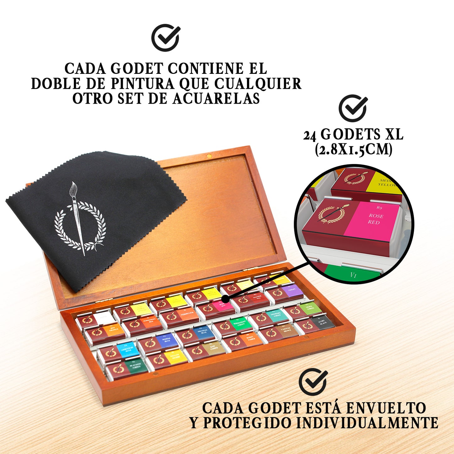 Set Acuarelas Profesionales de Alta Pigmentación | Incluye 24 Colores Grandes, Caja de Madera y Paño | Acuarelas Calidad Artista