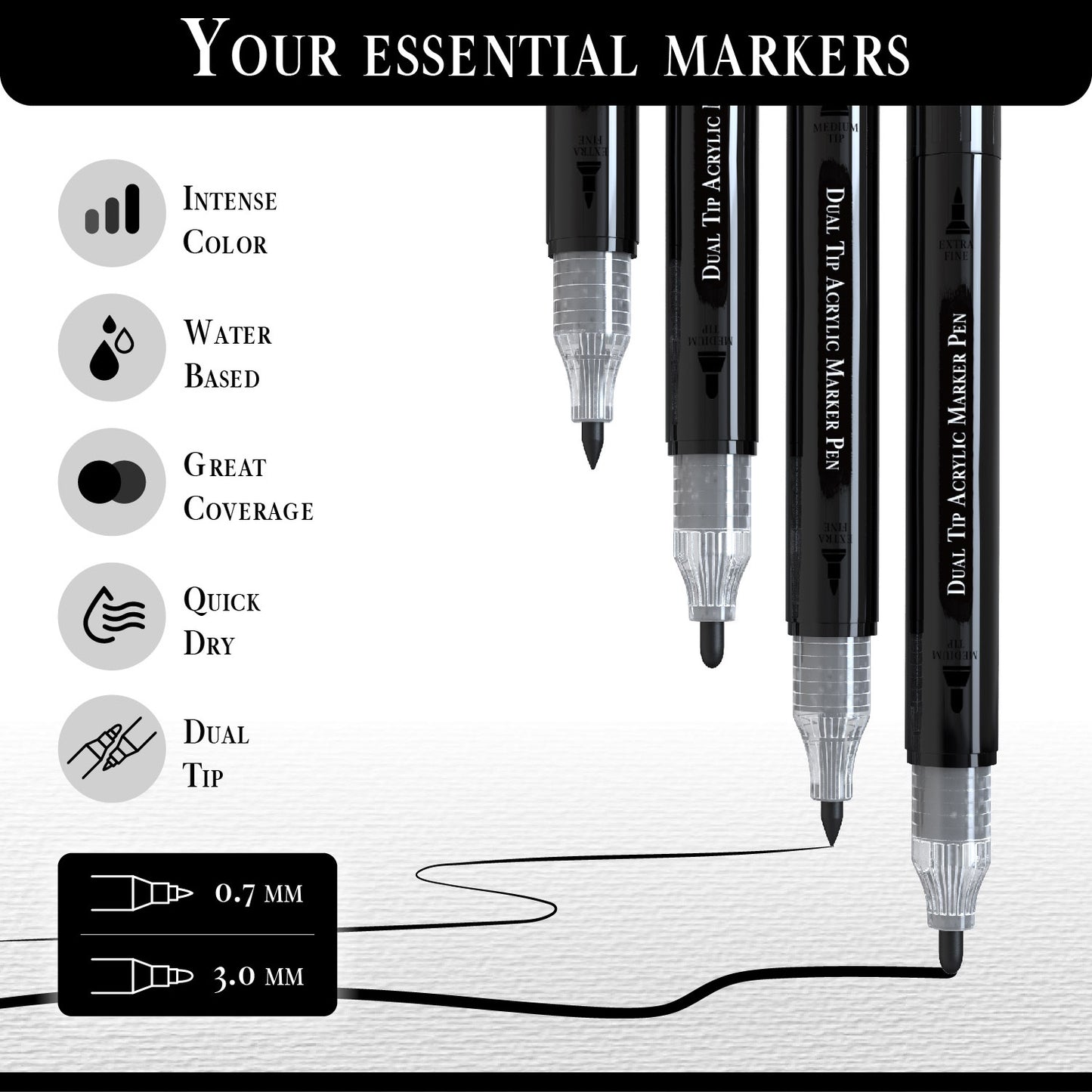 Set 4 Rotuladores Acrilicos Negros | Doble Punta (0,7mm y 3mm)