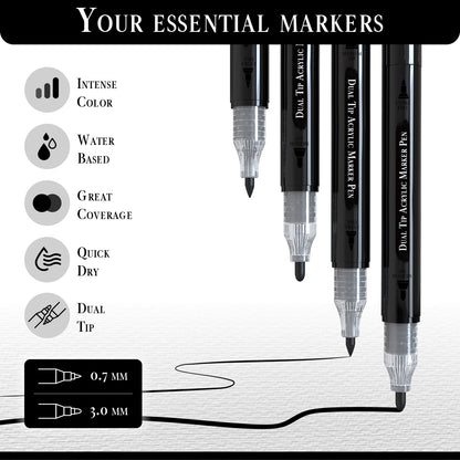 Set 4 Rotuladores Acrilicos Negros | Doble Punta (0,7mm y 3mm)