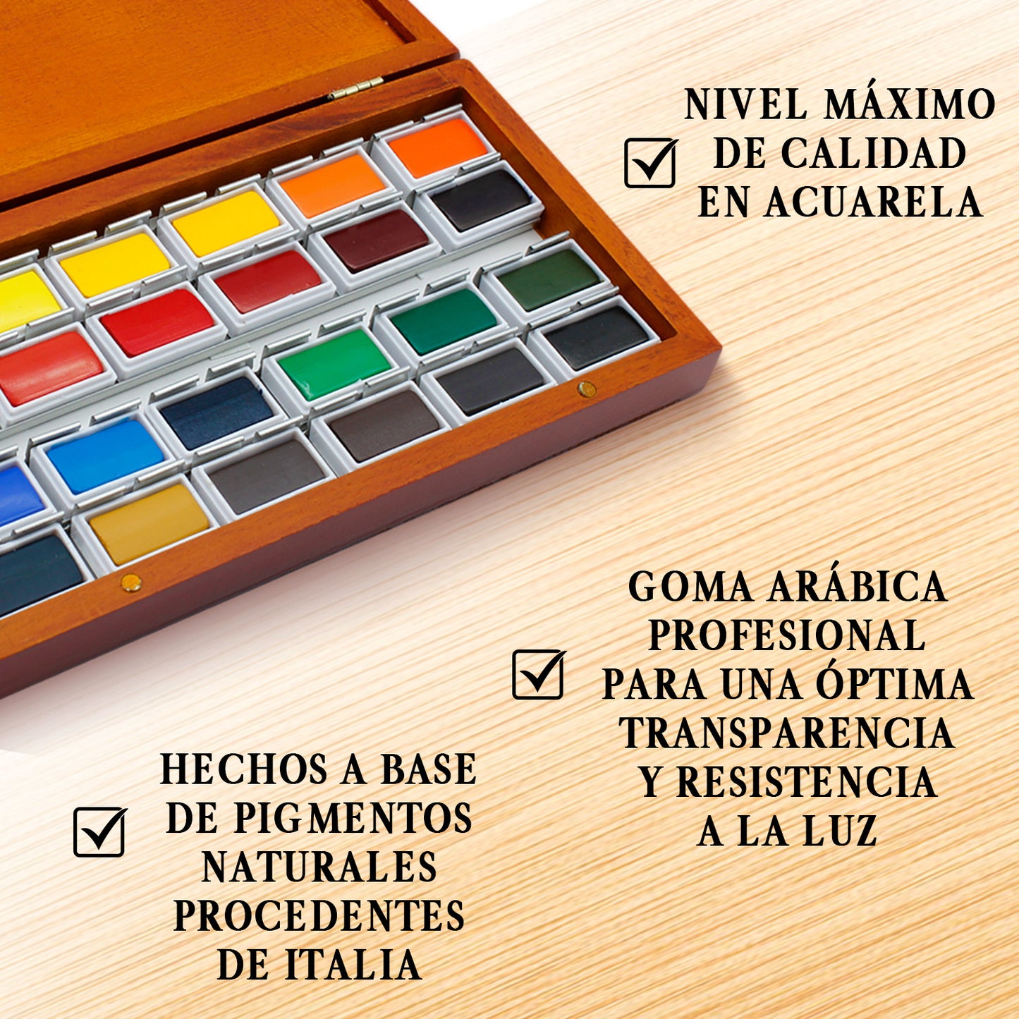 Set Acuarelas Profesionales de Alta Pigmentación | Incluye 24 Colores Grandes, Caja de Madera y Paño | Acuarelas Calidad Artista