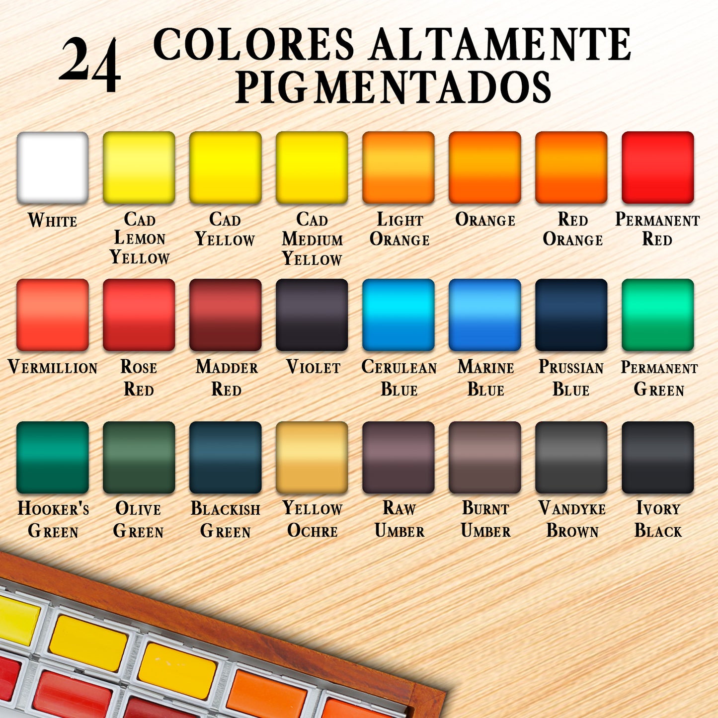 Set Acuarelas Profesionales de Alta Pigmentación | Incluye 24 Colores Grandes, Caja de Madera y Paño | Acuarelas Calidad Artista