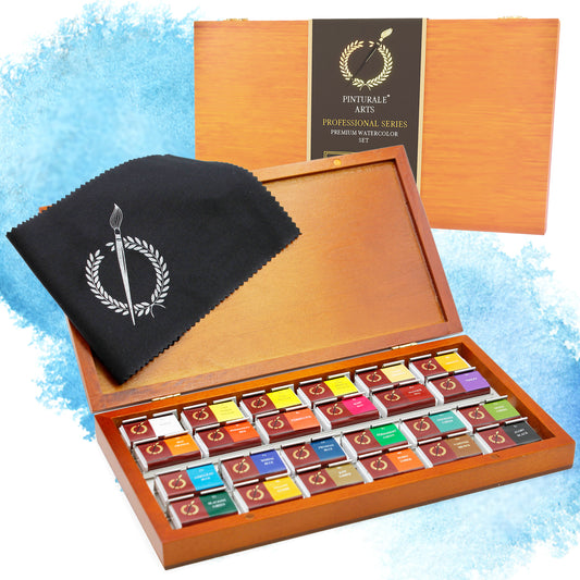 Set Acuarelas Profesionales de Alta Pigmentación | Incluye 24 Colores Grandes, Caja de Madera y Paño | Acuarelas Calidad Artista